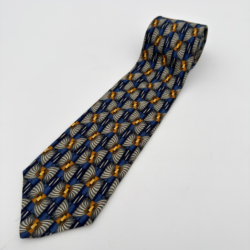 Robert Talbott Studio Silk Tie Blue Gold Geometric Art Deco 4" USA